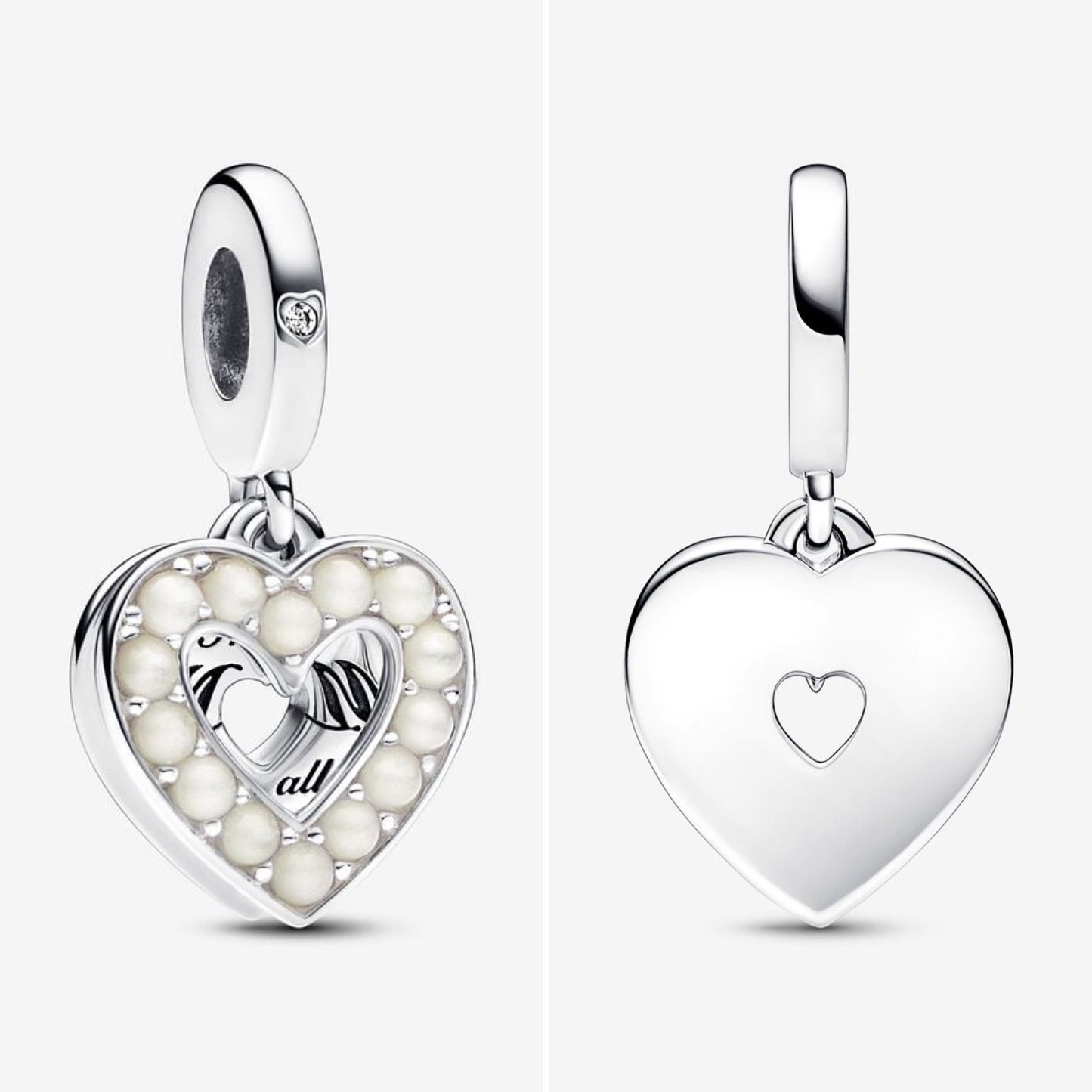 Pearlescent white heart double dangle charm