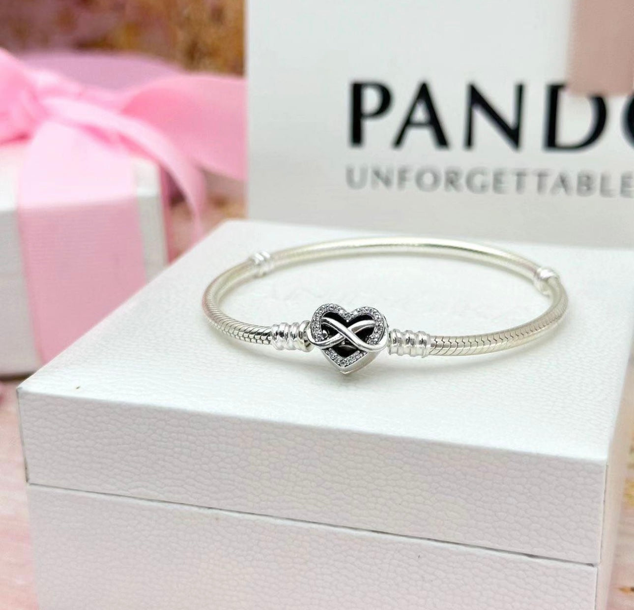 Pandora Moments Sparkling Infinity Heart Clasp Snake Chain Bracelet