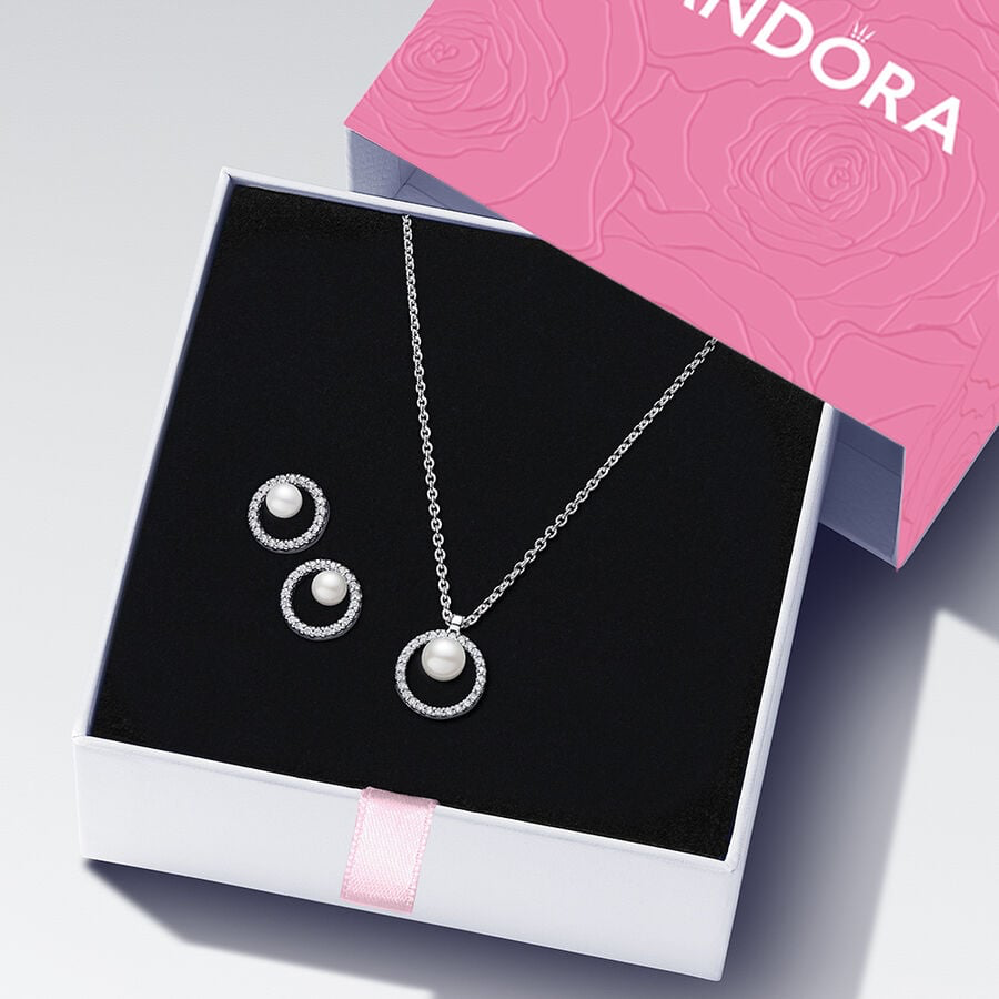 Pandora Treated Freshwater cultured pearl & pavé jewelry set