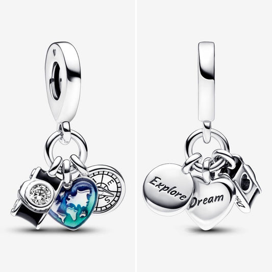 Camera, heart and compass triple dangle charm