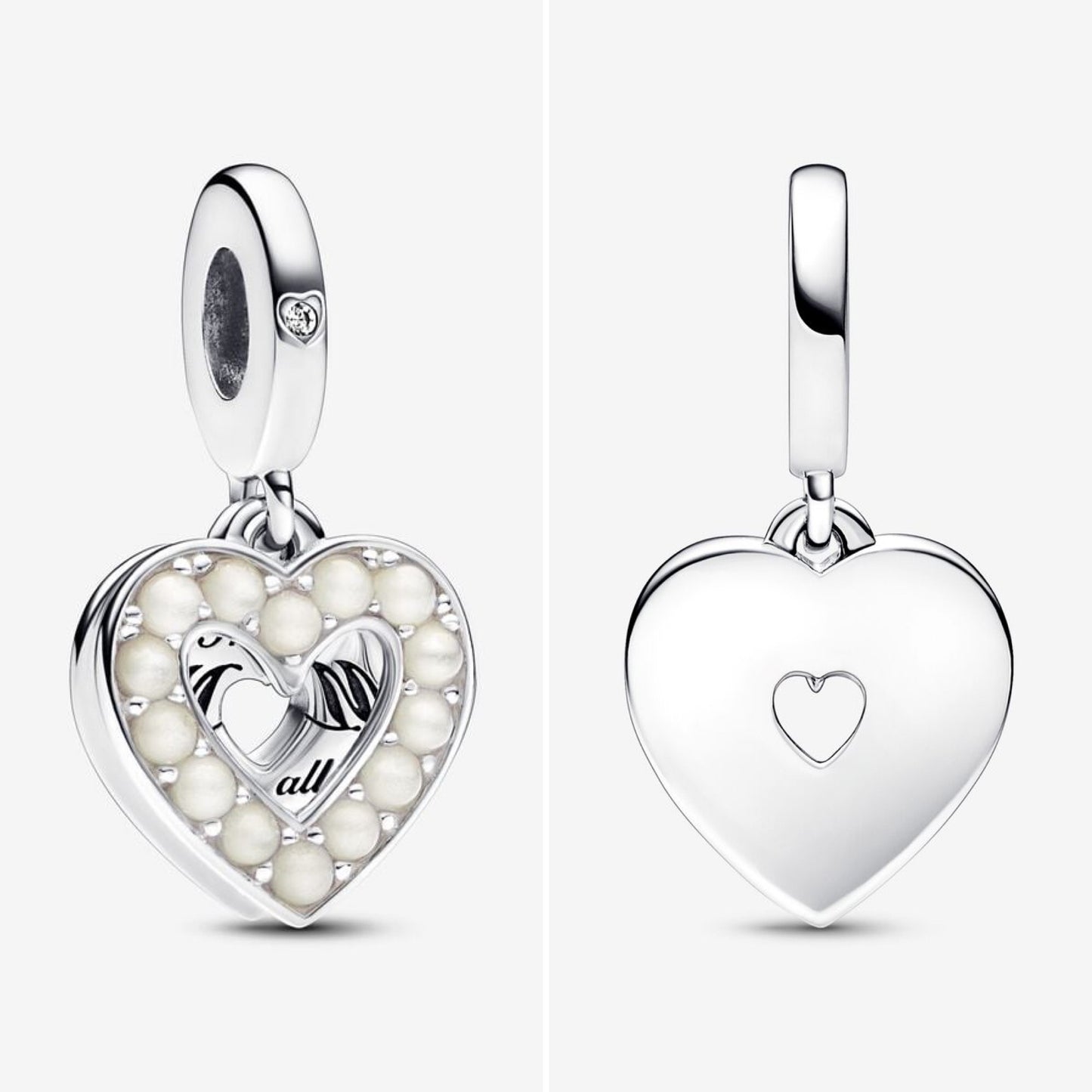 Pearlescent white heart double dangle charm