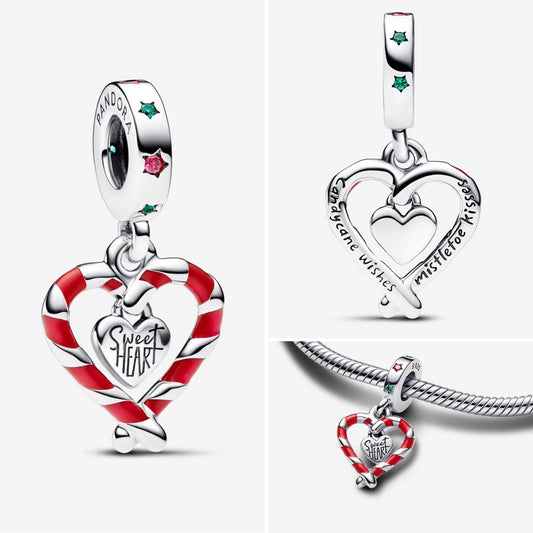 Double candy cane heart dangle charm