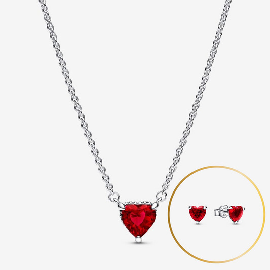 Pandora Sparkling Heart Halo Pendant Collier Necklace & Red heart stud earrings