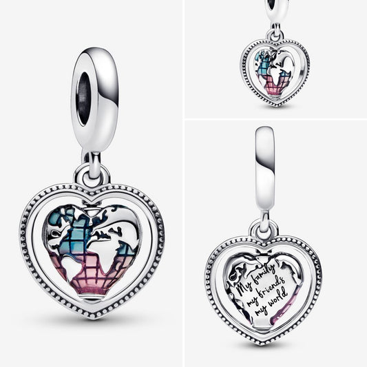 Pandora Family spinning heart globe dangle charm