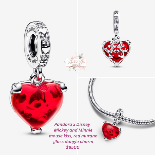 Disney Mickey and Minnie mouse kiss, red murano glass dangle charm